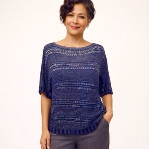 💖 Chico's Blue Knit Short-Sleeved Pullover Sweater, Silver Accents, Size 2 (Lg)